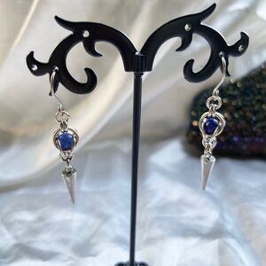 Genuine Blue Sodalite crystal sphere silver stainless steel spike earrings